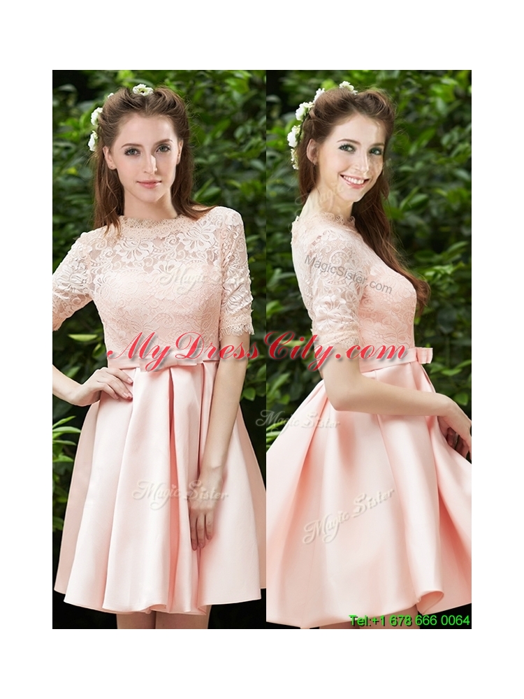 2016 Lovely High Neck Short Sleeves Bridesmaid Dress with Lace and Bowknot