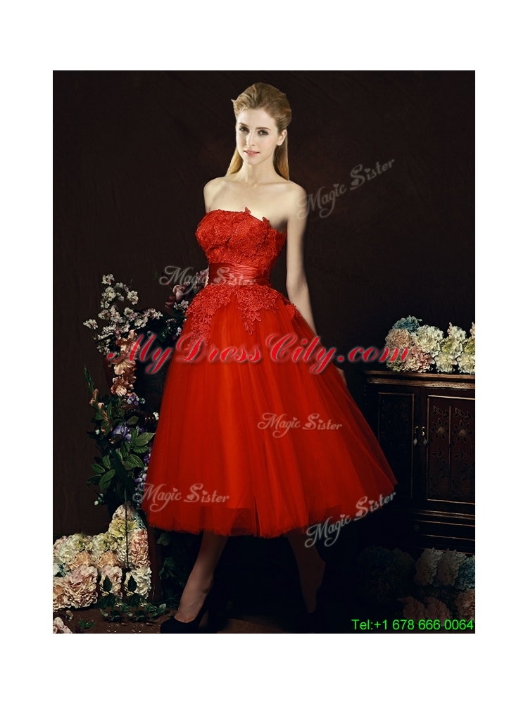 2016 Perfect Puffy Skirt Strapless Applique Tea Length Red Bridesmaid Dress