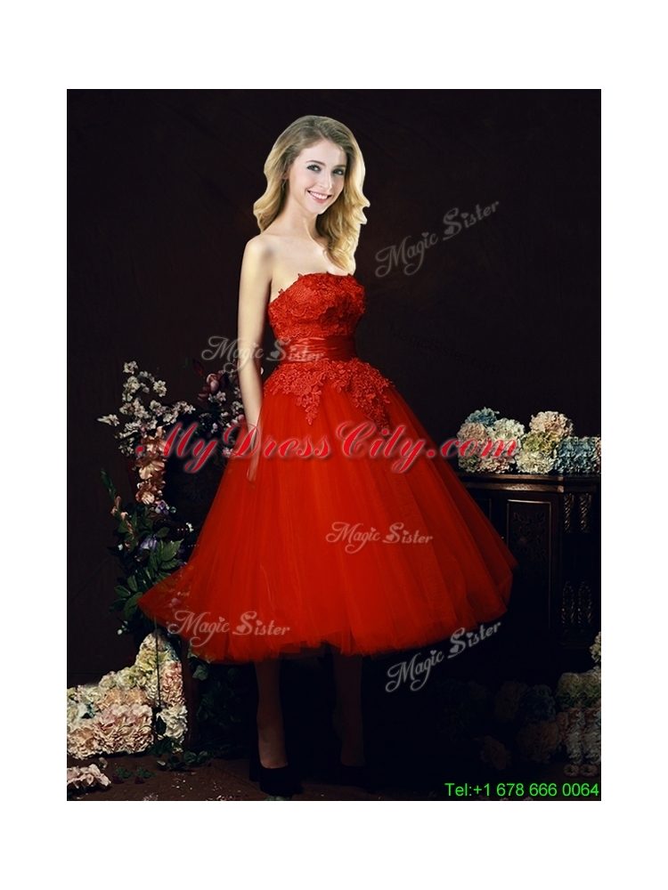 2016 Perfect Puffy Skirt Strapless Applique Tea Length Red Bridesmaid Dress