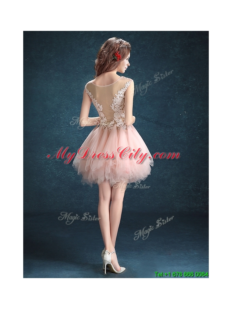 2016 See Through Scoop Baby Pink Dama Dress with Appliques and Ruffles