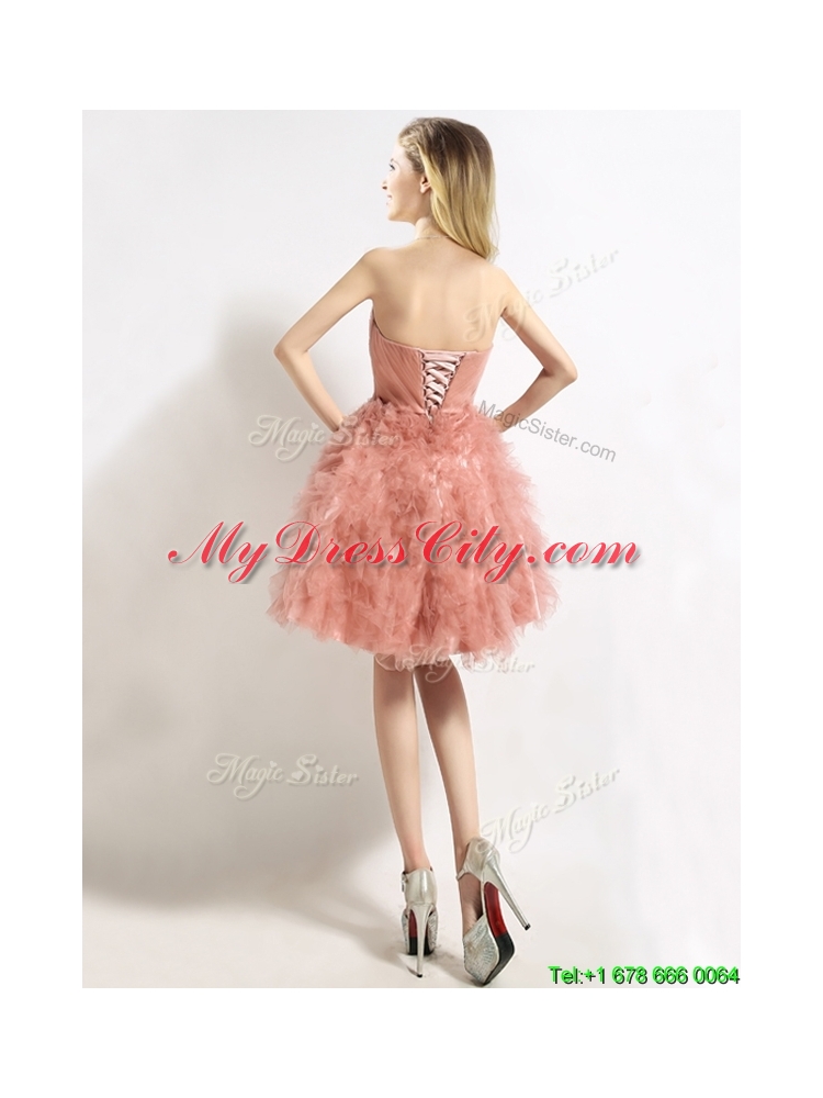 2016 Classical Sweetheart Beaded and Ruffled Short Dama Dress in Peach