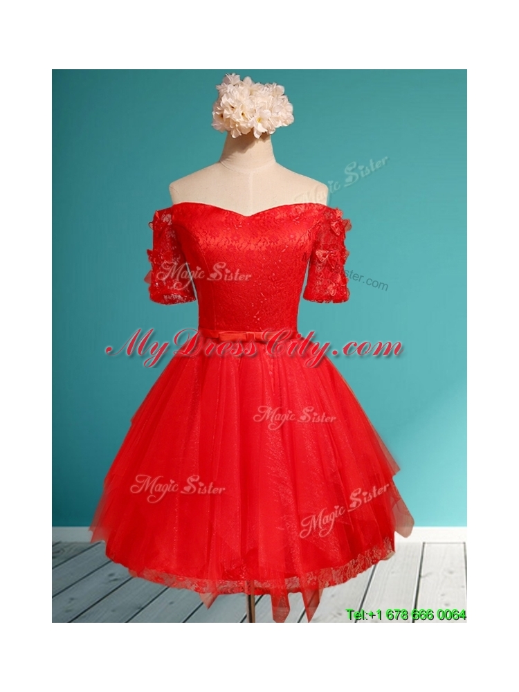 2016 Comfortable Off the Shoulder Short Sleeves Red Dama Dress with Appliques and Belt