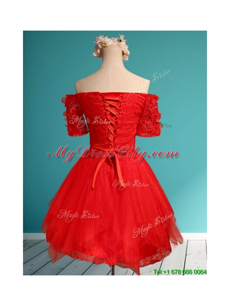 2016 Comfortable Off the Shoulder Short Sleeves Red Dama Dress with Appliques and Belt