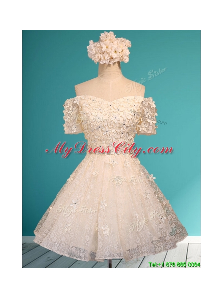 2016 Elegant Off the Shoulder Short Sleeves Prom Dress with Appliques and Beading