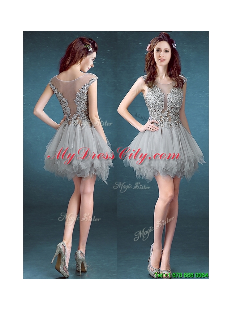 2016 Gorgeous Scoop Appliques and Ruffles Prom Dress in Grey