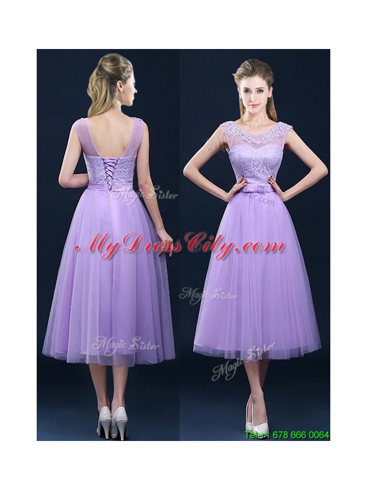 2016 Popular See Through Applique and Belt Dama Dress in Tulle