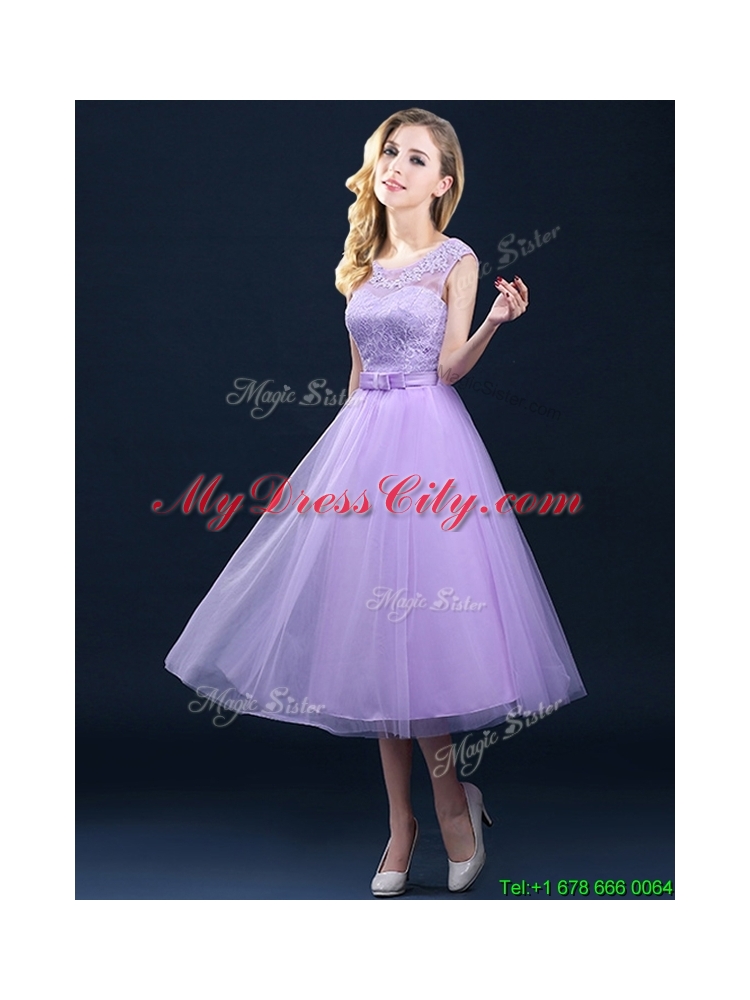 2016 Popular See Through Applique and Belt Dama Dress in Tulle