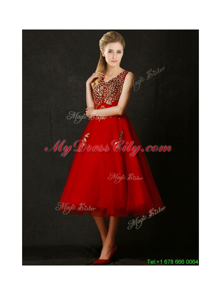 2016 Beautiful V Neck Tea Length Prom Dress with Beading and Appliques
