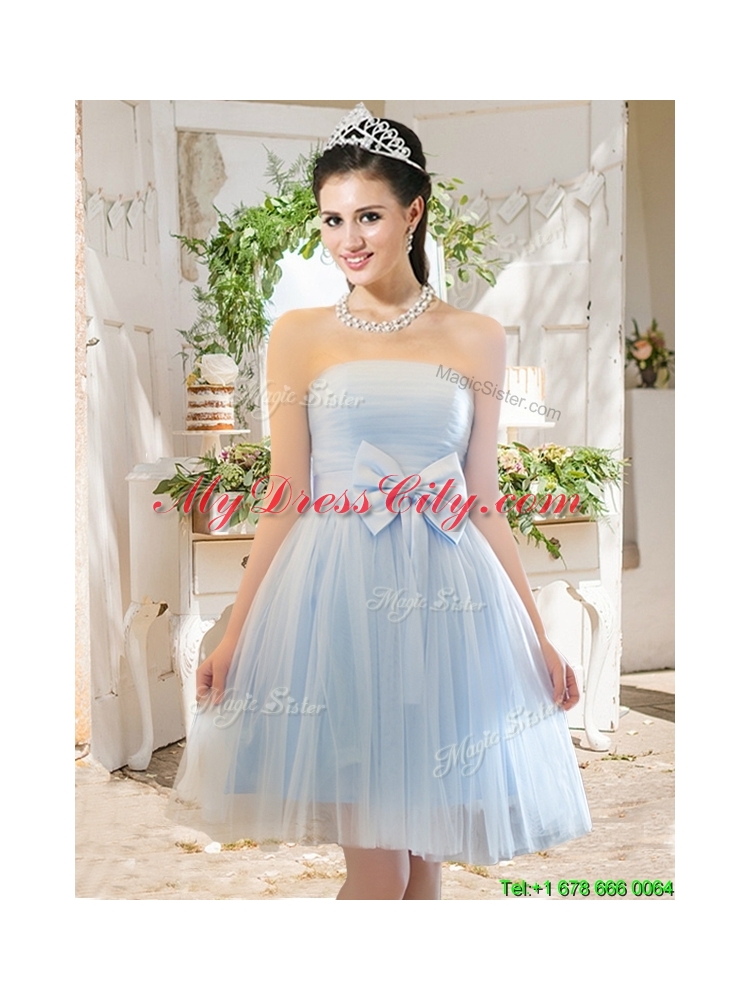 2016 Elegant A Line Strapless Bowknot Short Prom Dress in Light Blue