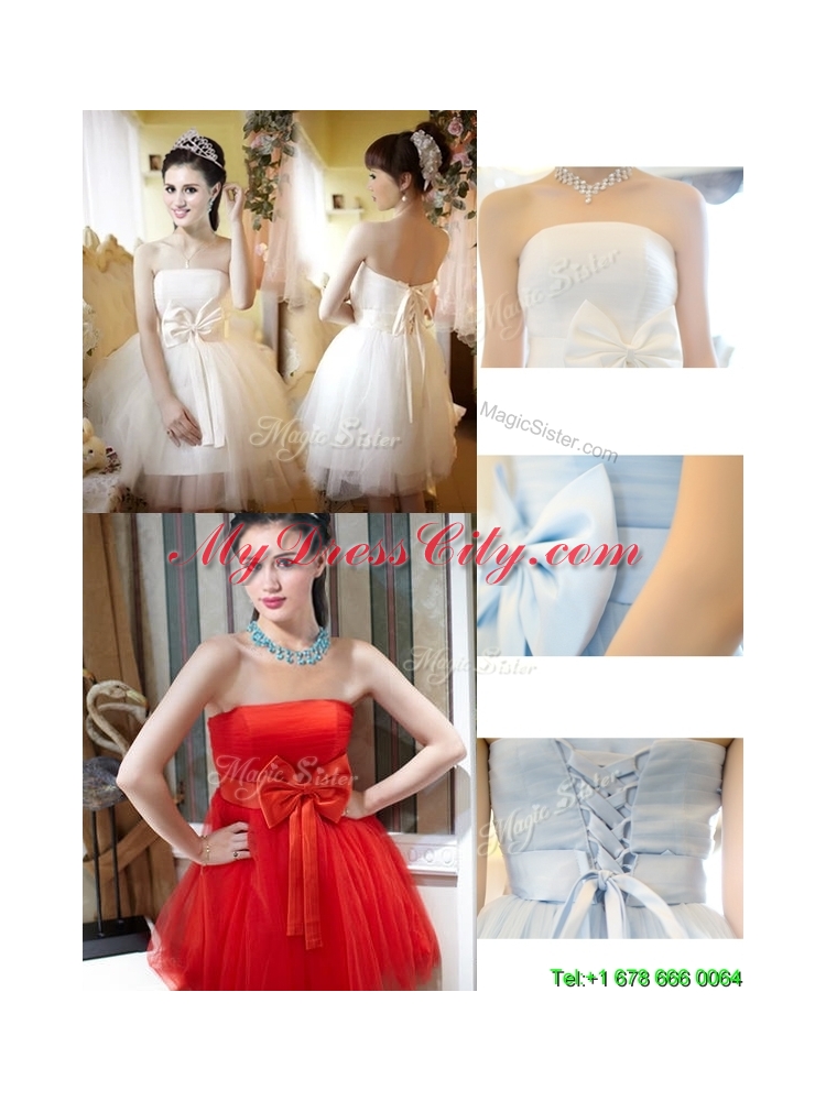 2016 Elegant A Line Strapless Bowknot Short Prom Dress in Light Blue