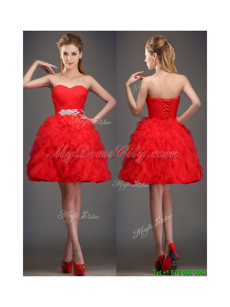 2016 Perfect Really Puffy Red Prom Dress with Beading and Ruffles