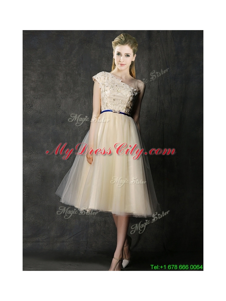 Beautiful One Shoulder Sashes and Appliques Bridesmaid Dress in Champagne
