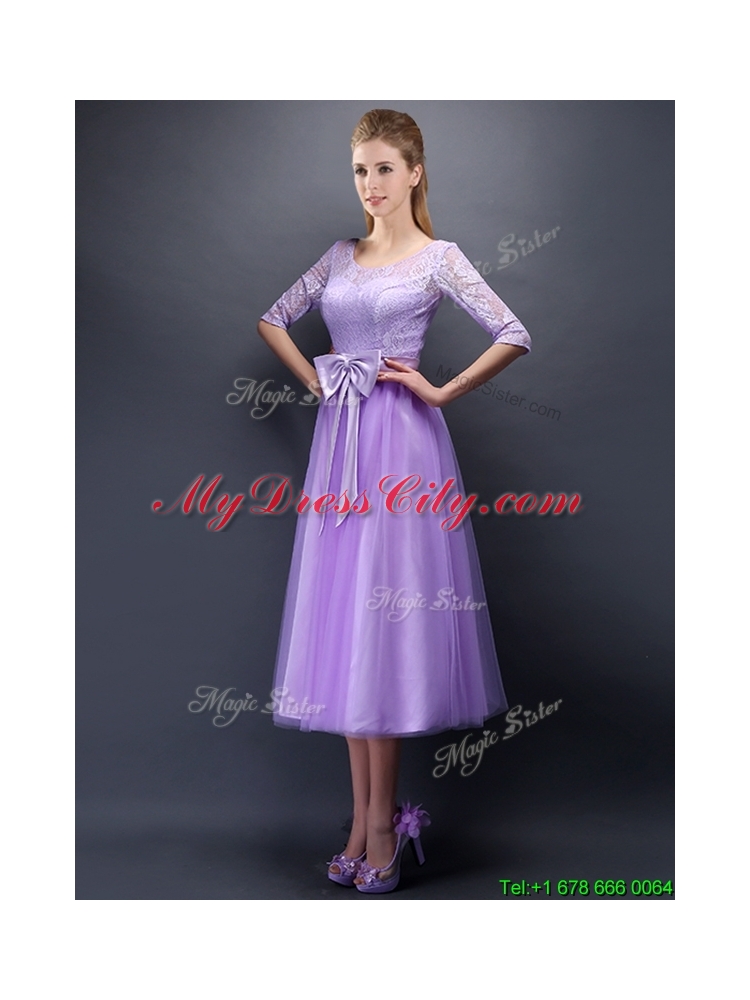 Beautiful See Through Scoop Half Sleeves Bridesmaid Dress with Bowknot