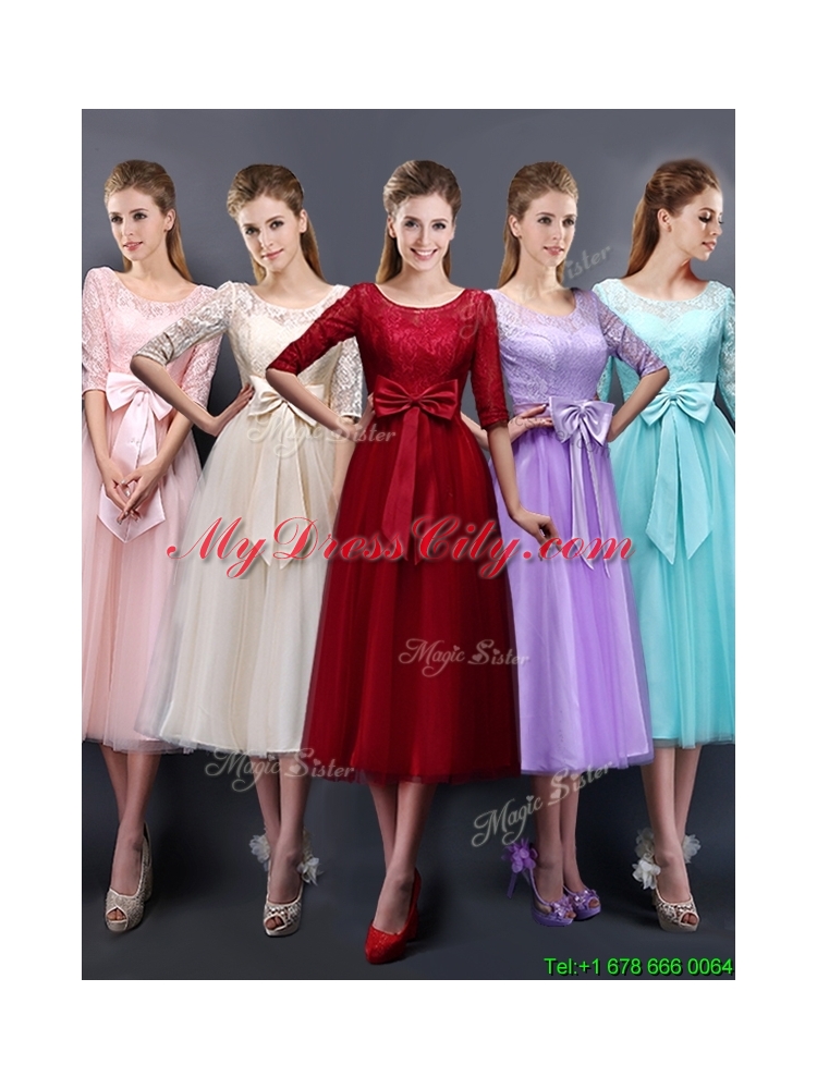 Beautiful See Through Scoop Half Sleeves Bridesmaid Dress with Bowknot