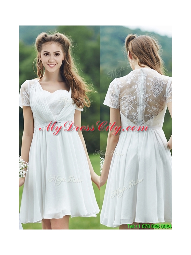 Beautiful Short Sleeves White Bridesmaid Dress with Belt and Lace