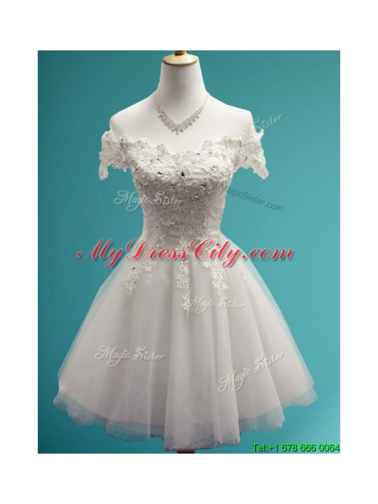 Beautiful White Off the Shoulder Cap Sleeves Bridesmaid Dress with Beading and Bowknot