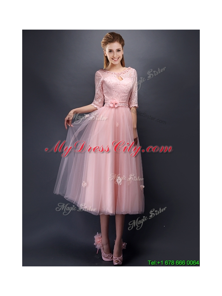 Cheap Baby Pink Tulle Bridesmaid Dress in Tea Length