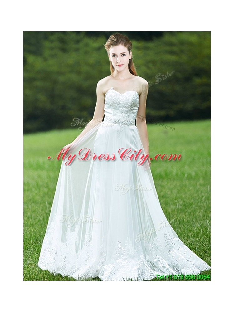 Cheap A Line Applique White Bridesmaid Dress with Brush Train