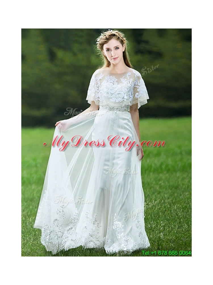 Cheap A Line Applique White Bridesmaid Dress with Brush Train