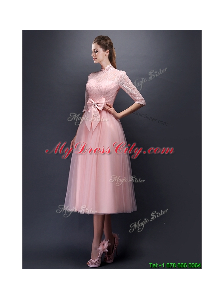 Cheap Laced High Neck Half Sleeves Bridesmaid Dress with Bowknot