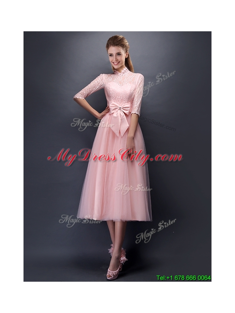 Cheap Laced High Neck Half Sleeves Bridesmaid Dress with Bowknot