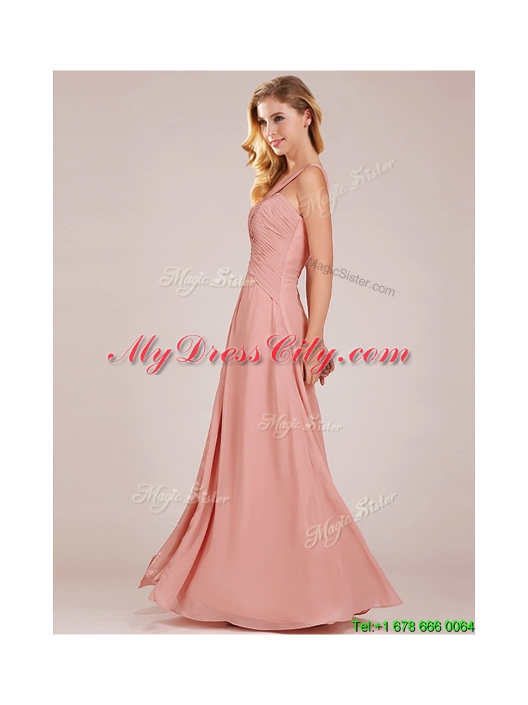 Cheap Straps Peach Bridesmaid Dress with Ruching and High Slit