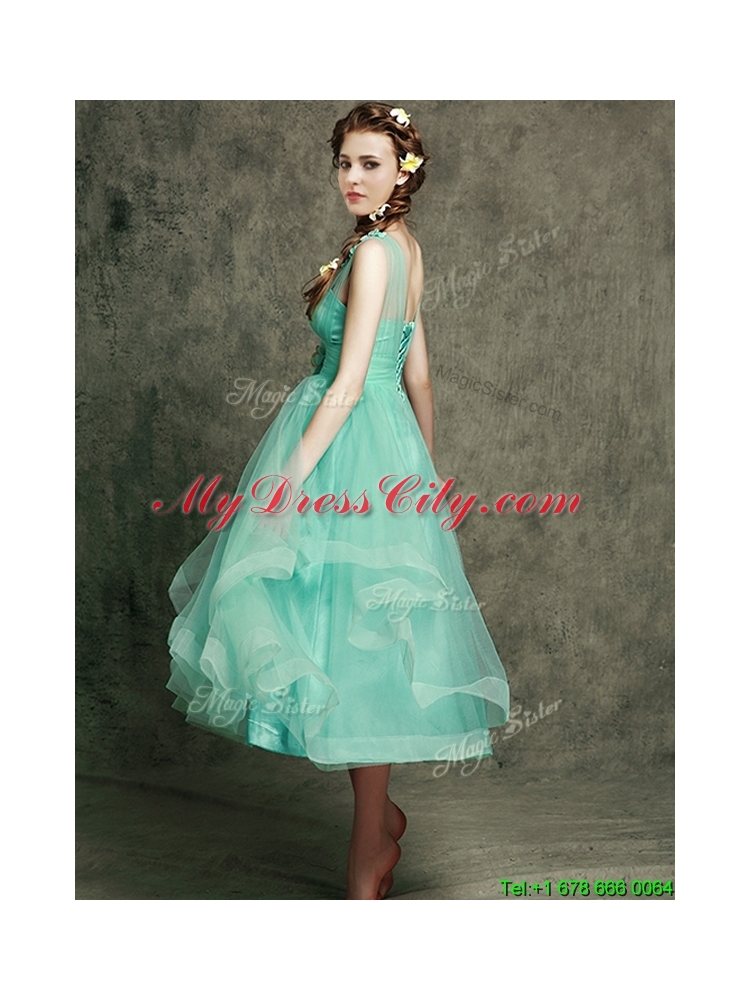 See Through Straps Prom Dress with Appliques and Hand Made Flowers