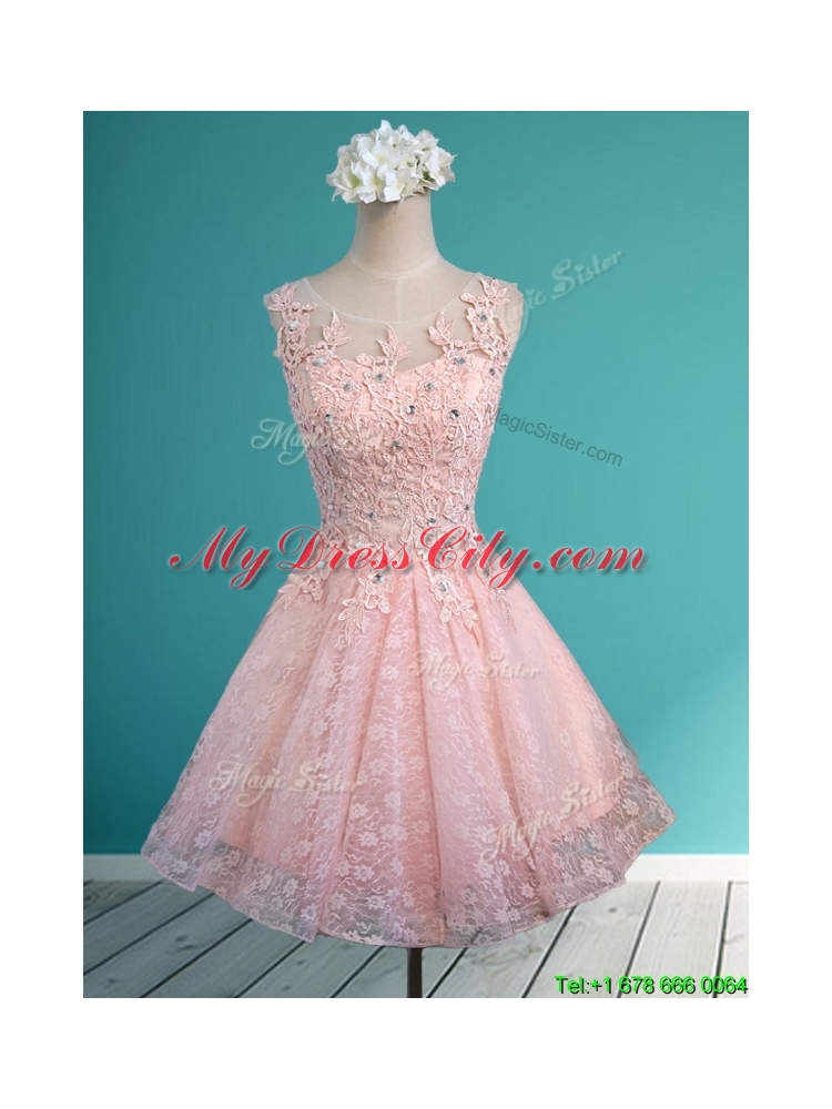 Luxurious See Through Scoop Short Prom Dress with Beading and Appliques