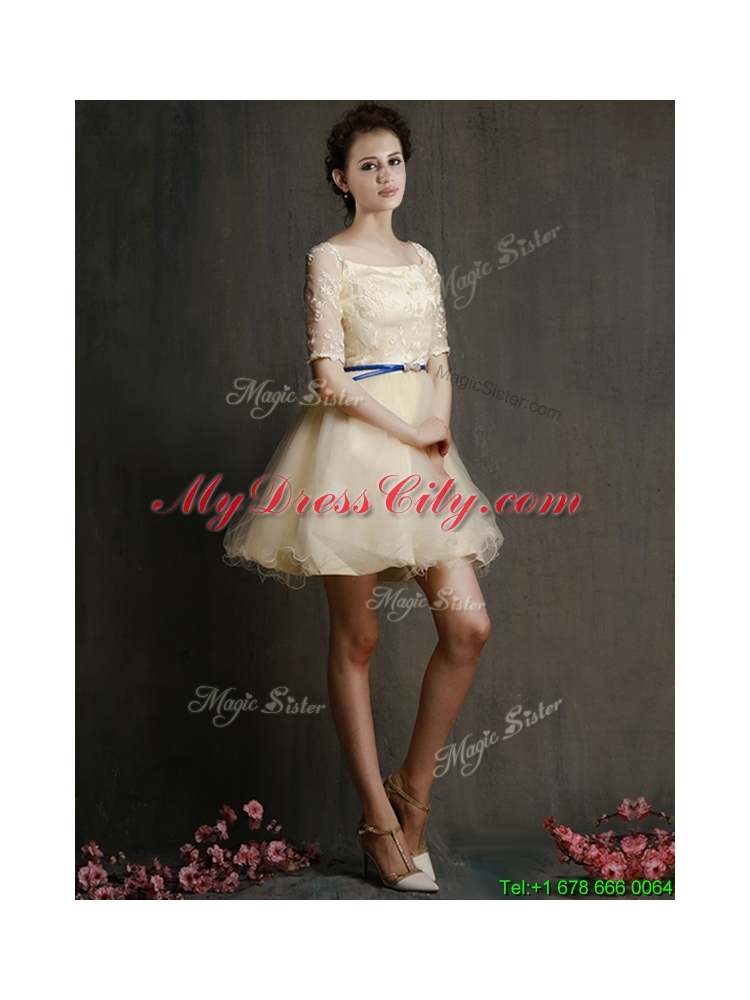 Romantic Square Half Sleeves Mother Dress with Sashes and Lace
