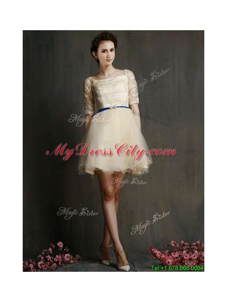 Romantic Square Half Sleeves Mother Dress with Sashes and Lace