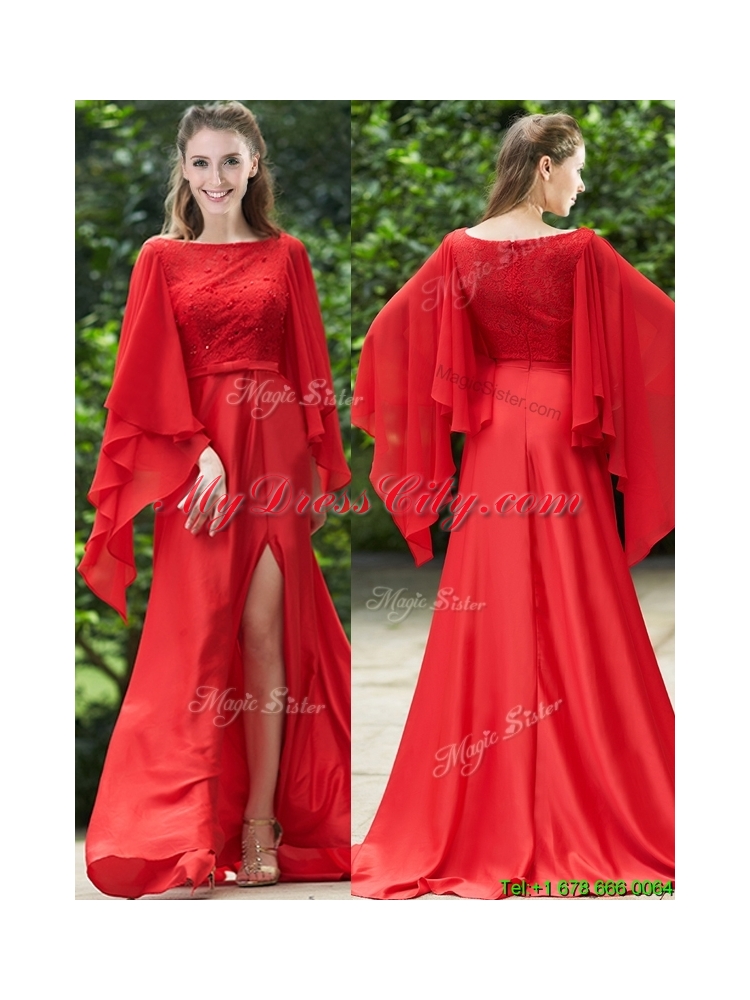 Pretty Bateau Long Sleeves Red Mother Dress with Beading and High Slit
