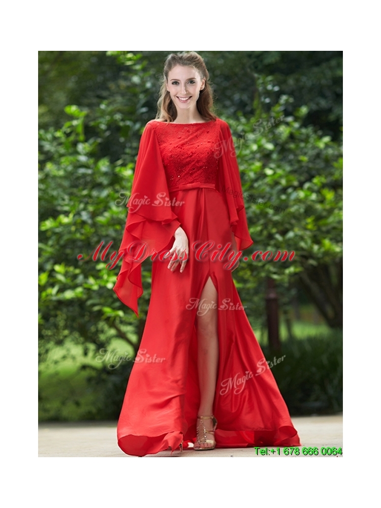 Pretty Bateau Long Sleeves Red Mother Dress with Beading and High Slit