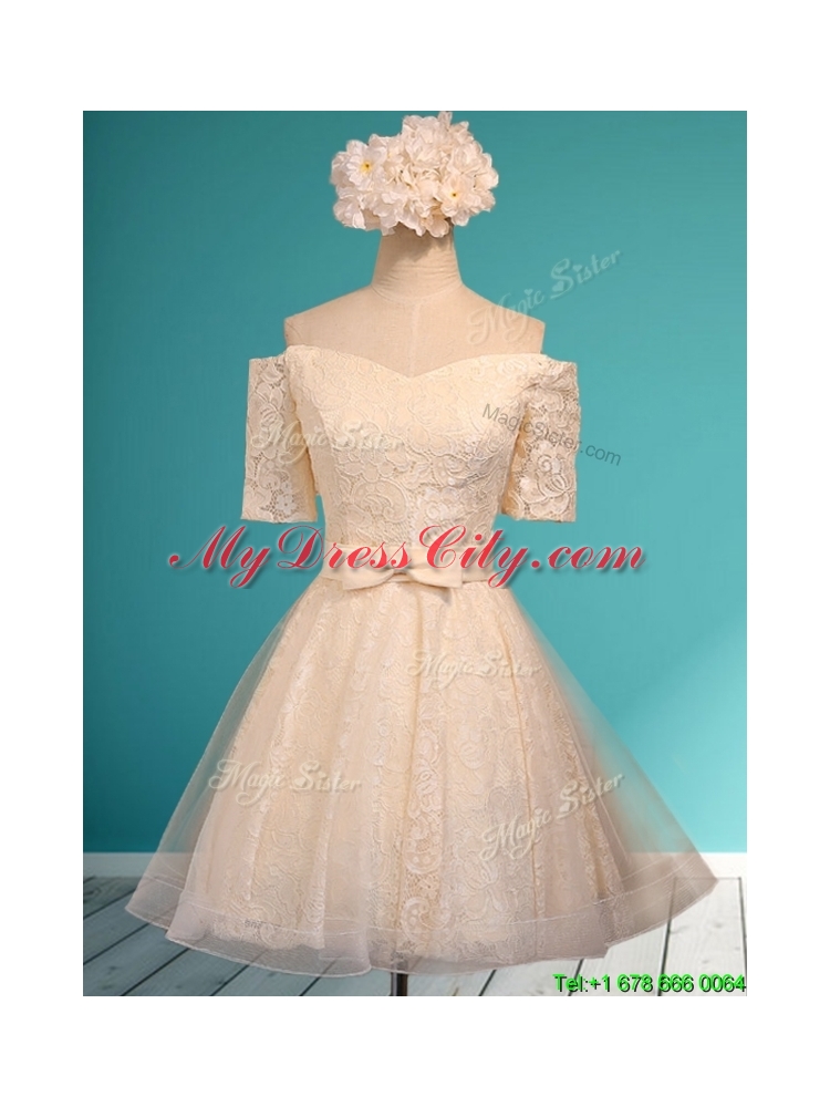 Pretty Off the Shoulder Short Sleeves Champagne Mother Dress with Bowknot