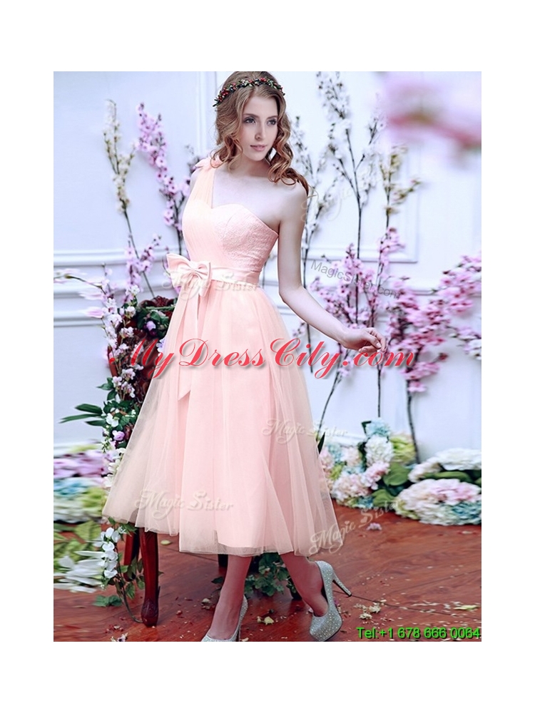 Luxurious One Shoulder Prom Dress with Bowknot and Hand Made Flowers