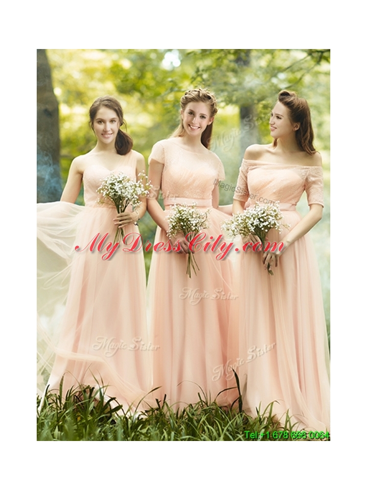 See Through One Shoulder Peach Prom Dress in Floor Length