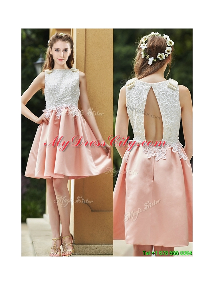 Elegant Bateau Open Back Applique Short Prom Dress in Pink