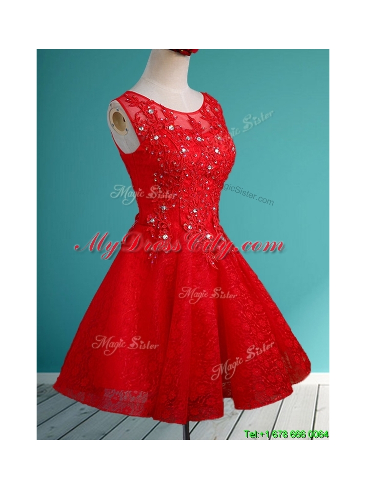 Popular Scoop Red Short Prom Dress with Beading and Appliques