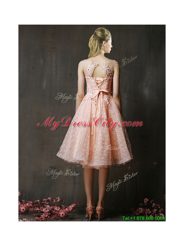 See Through Beaded and Applique Peach Prom Dress with Polka Dot