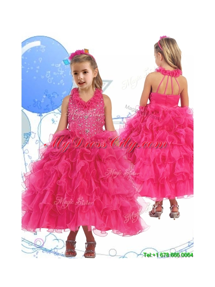 Latest Halter Top Beading and Ruffled Layers Little Girl Pageant Dress in Hot Pink