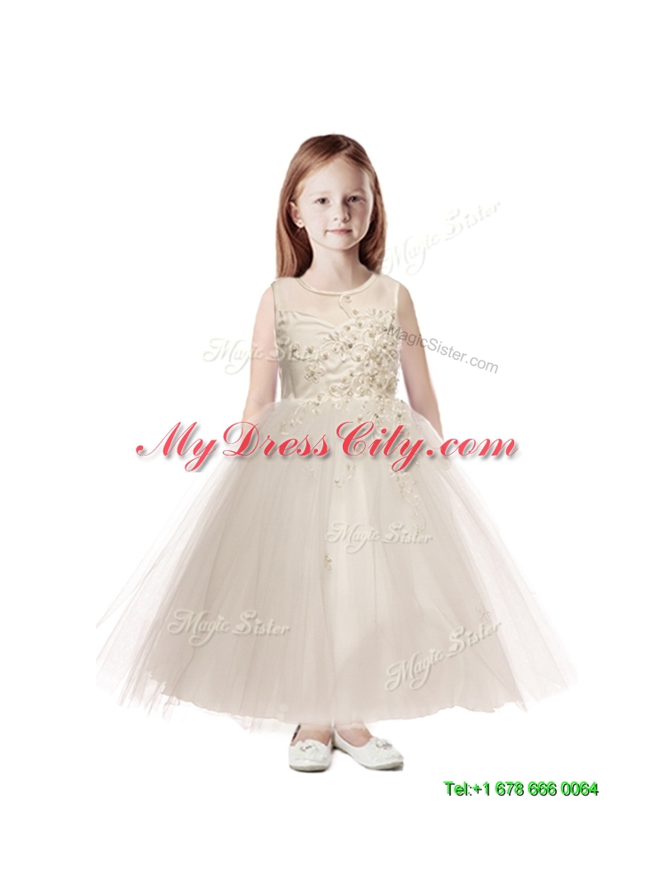 See Through Scoop Appliques Little Girls Pageant Dress in Champagne