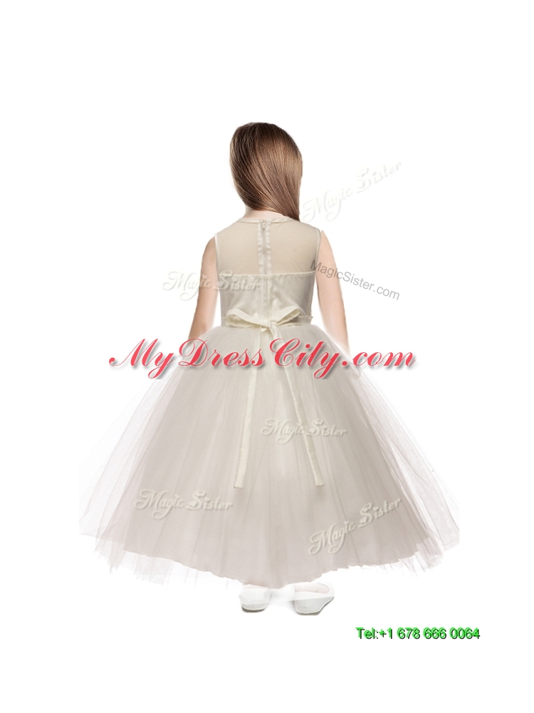 See Through Scoop Appliques Little Girls Pageant Dress in Champagne