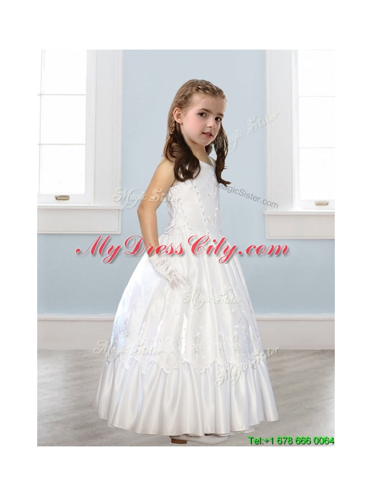 Discount Asymmetrical Neckline White Flower Girl Dress with Appliques