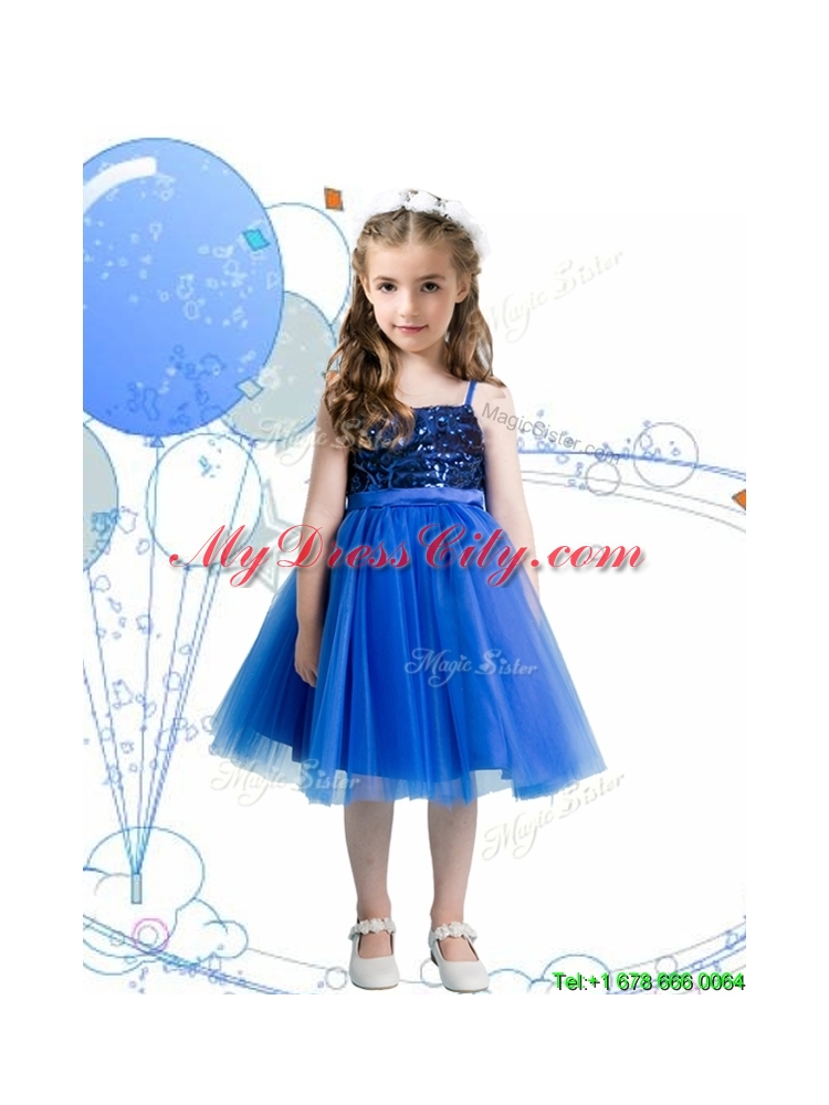 Fashionable Spaghetti Straps Royal Blue Girls Party Dress with Sashes and Sequins