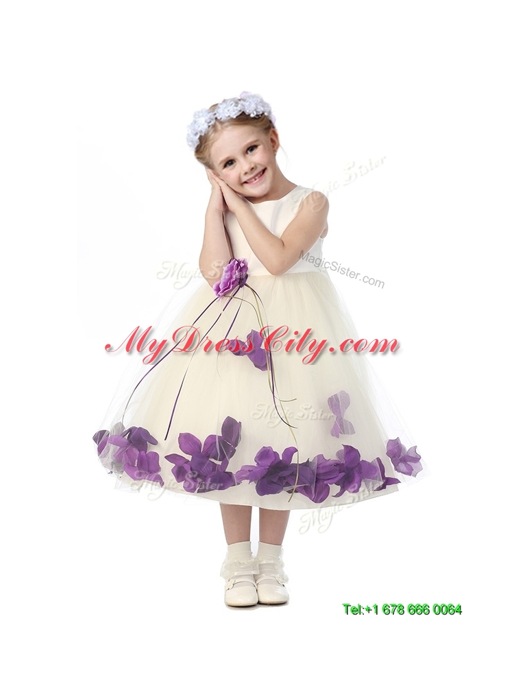Gorgeous Scoop Girls Party Dress with Purple Hand Made Flowers and Appliques