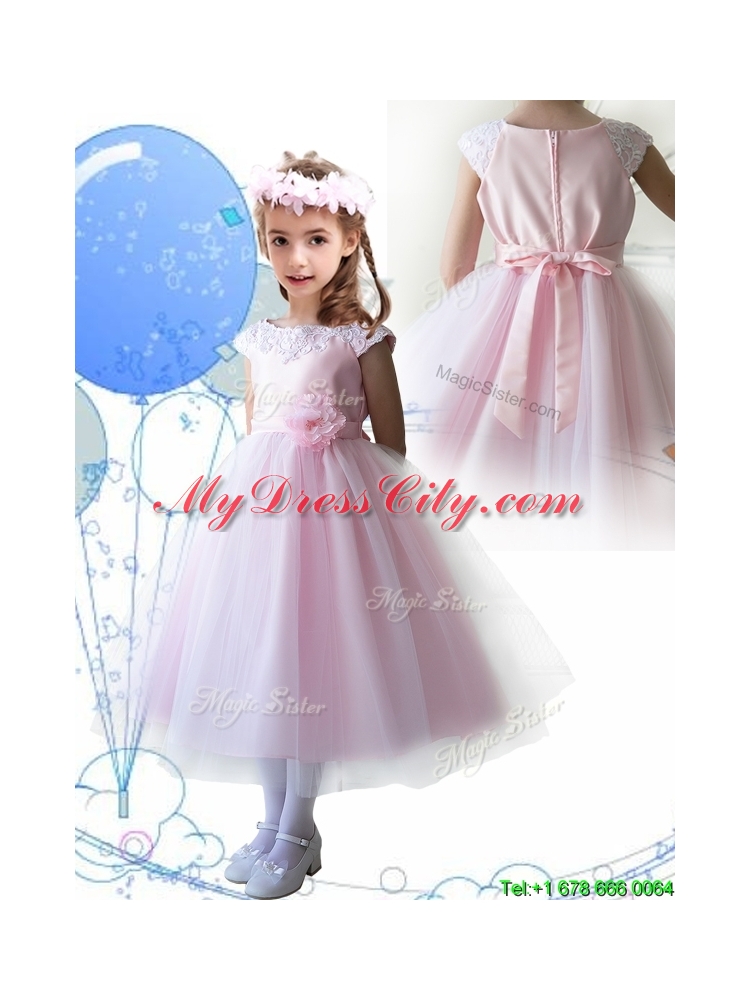 Lovely Scoop Hand Made Flowers and Appliques Girls Party Dress in Baby Pink
