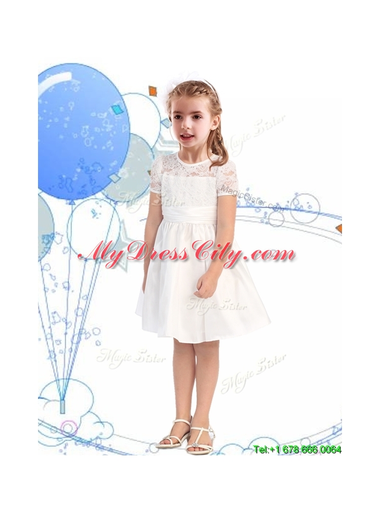 Classical Scoop Short Sleeves Champagne Flower Girl Dress with Lace and Belt