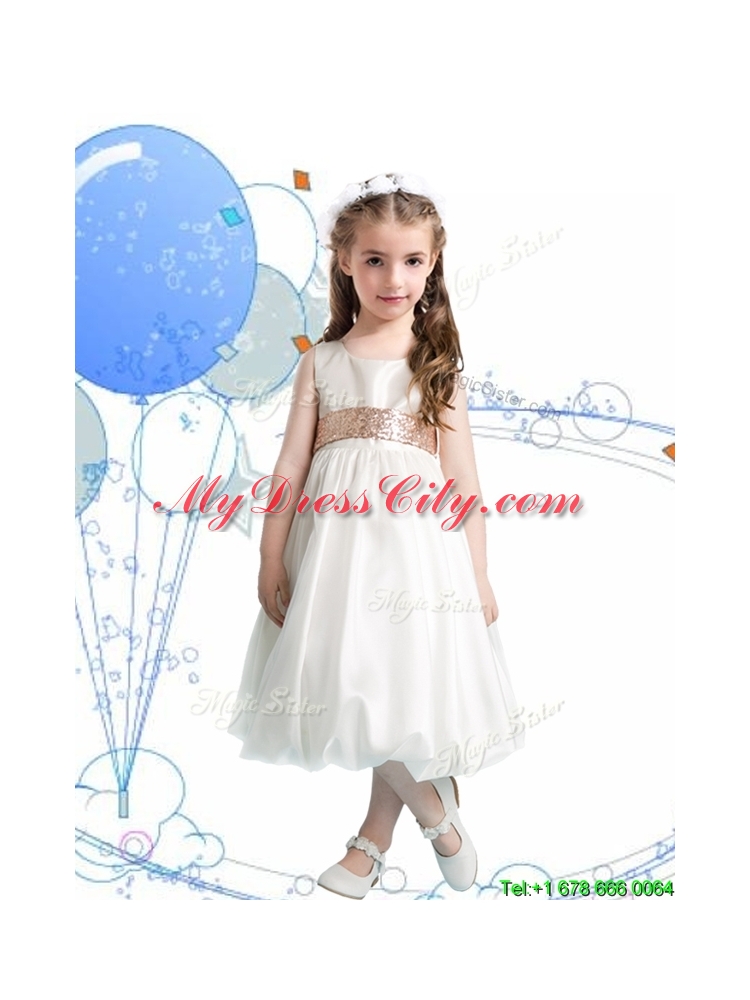 Gorgeous Scoop Sequins Flower Girl Dress in White for Spring