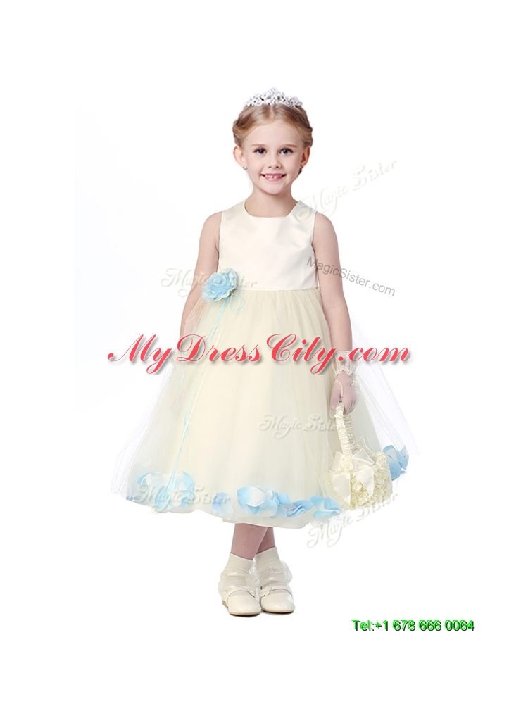 Lovely Tea Length Scoop Mini Quinceanera Dress with Hand Made Flowers and Appliques