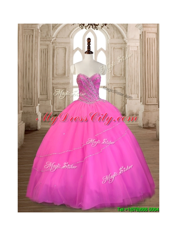 Wonderful Tulle Hot Pink Sweet 16 Dress with Beading