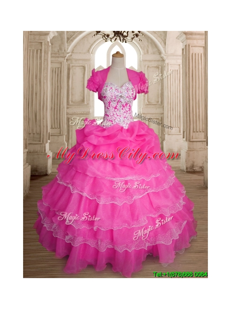 Inexpensive Hot Pink Organza Quinceanera Dress with Ruffled Layers and Beading